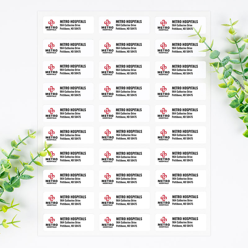Sheet of personalized return address labels with a custom logo