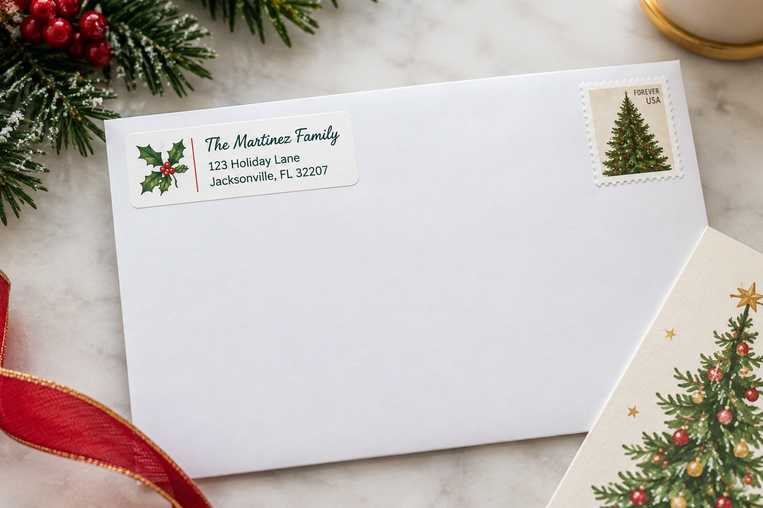 Custom return address label on a Christmas card envelope
