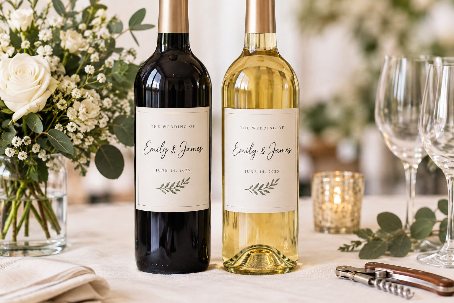 Wine bottles with matching personalized wedding labels