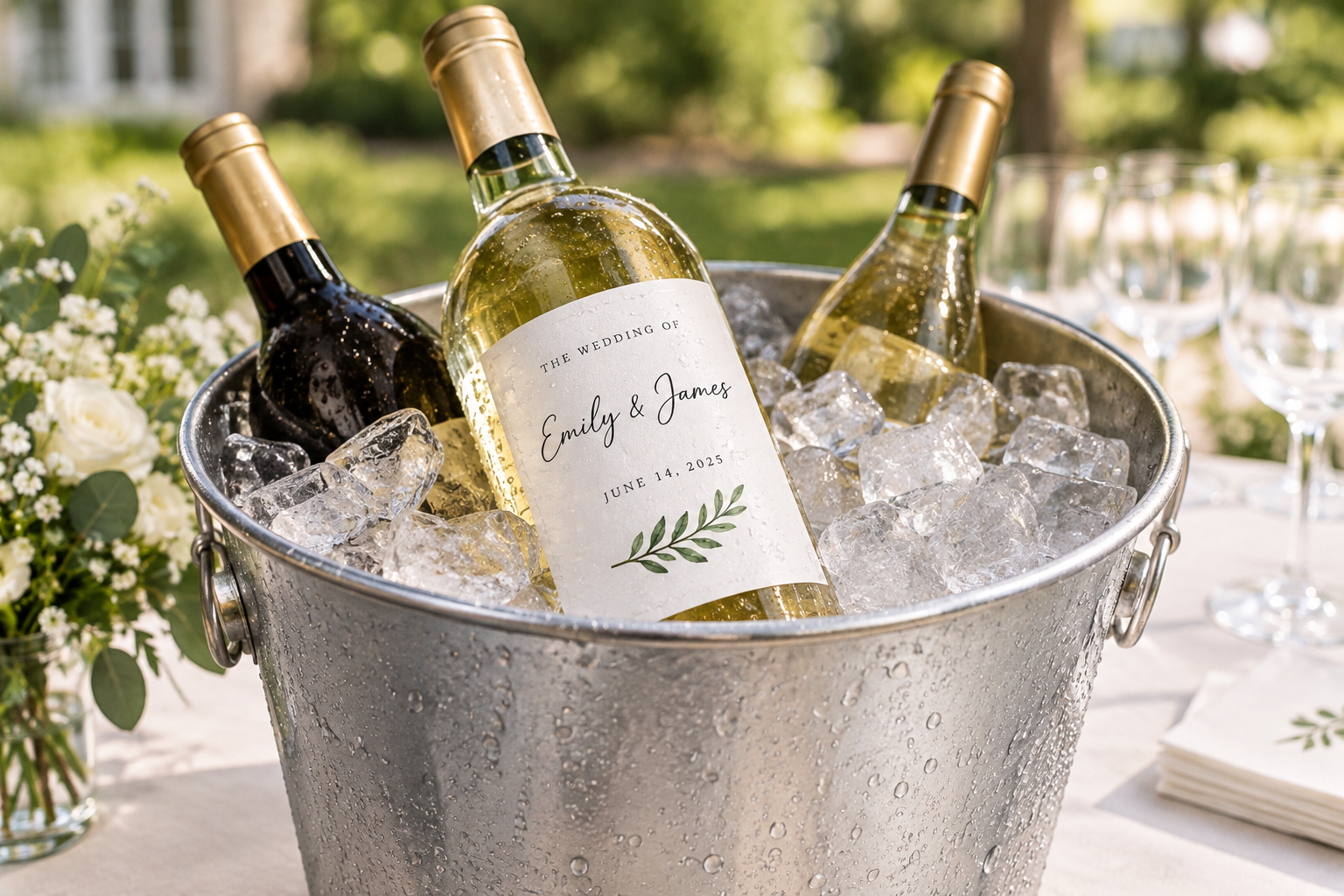 Wine bottle with a custom wedding label chilling in an ice bucket with flowers