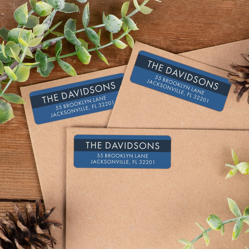 Custom return address labels in blue on kraft envelopes