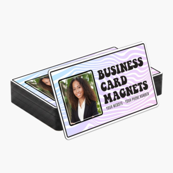 Custom business card magnet with full-color design and photo printed on magnetic business card material