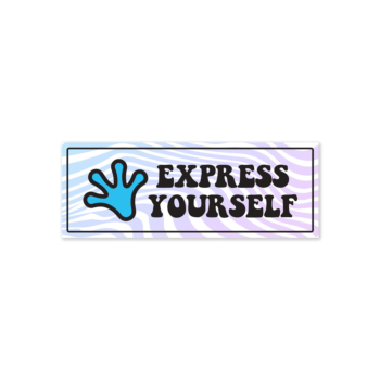 Curved 'Express Yourself' bumper sticker with a blue handprint logo and bold text, set against a white background.