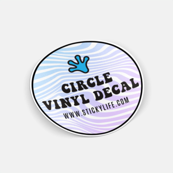 Custom circle vinyl decal with holographic wave design displayed on white background