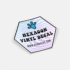 Custom hexagon vinyl decal with full color printed design on white background