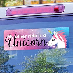 My other ride is a Unicorn Customizable Bumper Sticker displayed on the back of a truck window.