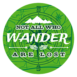 Customizable green vinyl circle sticker that reads "not all who wander are lost" with compass and map in the background
