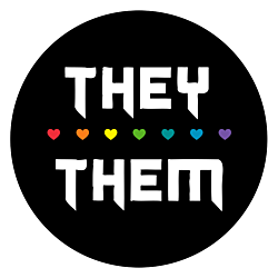 Customizable pronoun sticker with rainbow heart graphics and editable text