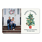 Fridge magnet on a white background this design has a family picture on the left half of this rectangular product while the right half has a decorative holiday tree with the words Happy Holidays over the top with a custom message under the tree 