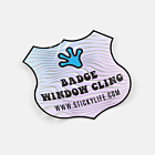 Shield-shaped window cling with a blue hand icon and "Badge Window Cling" text on a lavender wavy background.