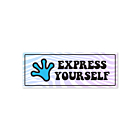 Curved 'Express Yourself' bumper sticker with a blue handprint logo and bold text, set against a white background.
