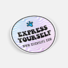 Round 'Express Yourself' sticker with a pastel wavy background, bold black text, and a blue handprint logo, featuring Stickylife.com.