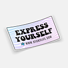 Rectangle sticker with "Express Yourself" text, pastel wavy background, and blue handprint logo, slightly curled on an off-white surface.