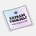 Square sticker with "Express Yourself" text, pastel wavy background, and a blue handprint logo, slightly curled on an off-white surface.