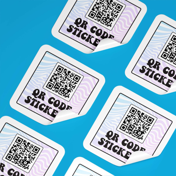Custom QR code stickers with wavy pastel background design, multiple stickers shown at an angle on a white surface