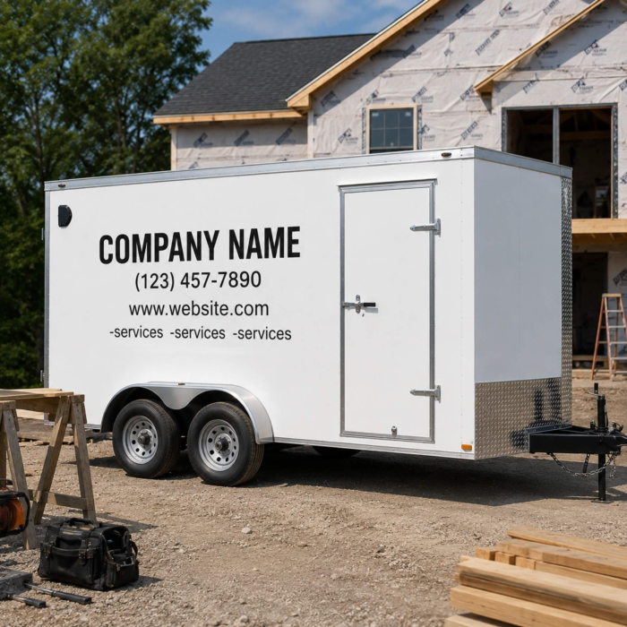 Custom trailer lettering displaying company name, phone number, and services on an enclosed trailer