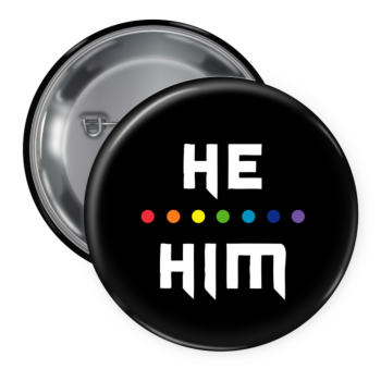 LGBT Pronoun pin with customizable text and rainbow graphics