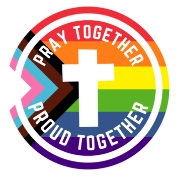 LGBTQ Pride Flag (2018 Progress Version) with Christian Cross reads "Pray Together Proud Together"