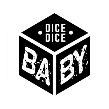 Customizable black and white "Dice Dice Baby" hexagon sticker in the shape of a classic 6-sided die.