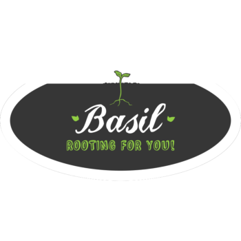 Customizable oval sticker with green sprout graphic and text: Basil Rooting for You