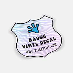 Custom badge shaped vinyl decal with full color printed design on white background.