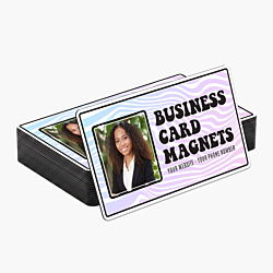 Custom business card magnet with full-color design and photo printed on magnetic business card material