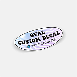 Oval custom decal sticker with colorful wave design displayed on white background
