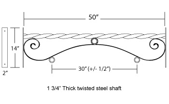 diagram displaying a variety of double mount reverse scroll bracket measurements