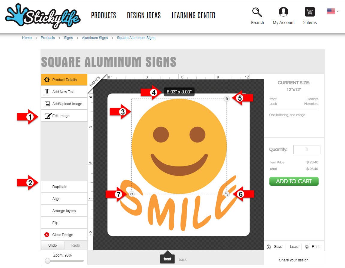 screen capture of the StickyLife design tool with 2 design elements added.